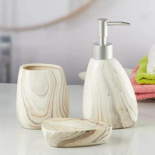 Kookee Ceramic Bathroom Accessories Set of 3, Modern Bath Set with Liquid handwash Soap Dispenser and Toothbrush holder, Luxury Gift Accessory for Home - Off White (7646)