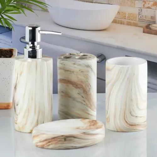 Kookee Ceramic Bathroom Accessories Set of 4, Modern Bath Set with Liquid handwash Soap Dispenser and Toothbrush holder, Luxury Gift Accessory for Home - Beige (8243)