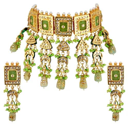 Gold Plated(18k) Square Design Kundan Necklace & Earrings With Small Beads - Light Green