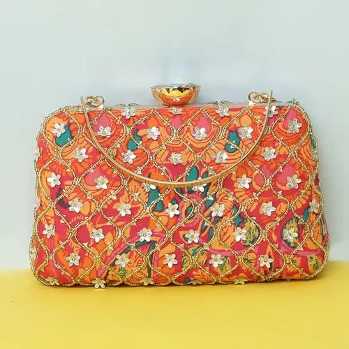 Big Box Evening Printed With Embroidery Clutch For Women - Red