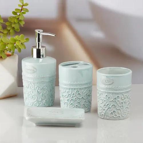 Kookee Ceramic Bathroom Accessories Set of 4, Modern Bath Set with Liquid handwash Soap Dispenser and Toothbrush holder, Luxury Gift Accessory for Home - Blue (10181)