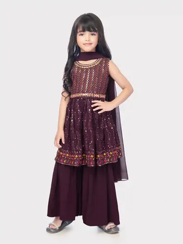 Betty Wine Colored Georgette Fabric Stitched Gharara Set - 7-8 Yrs
