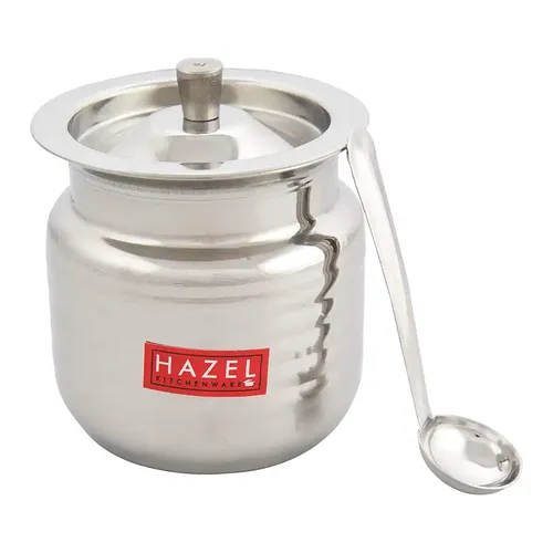 HAZEL Ghee Pot With Spoon | Stainless Steel Hammered Finish Ghee Container For Kitchen | Premium Oil Container With Lid For Pooja Items, 400 ML