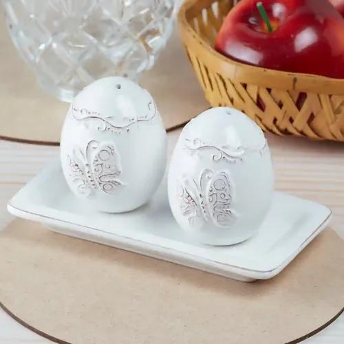 Kookee Ceramic Salt and Pepper Shakers Set with tray for Dining Table used as Namak Dhani, Shaker, Sprinkler, Spices Dispenser for Home, Kitchen and Restaurant, White (9966)