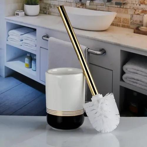 Kookee Ceramic Toilet Cleaner Brush with Holder Stand for Bathroom, Commode, Washroom, Toilet Cleaning Brush, White/Black (10739)