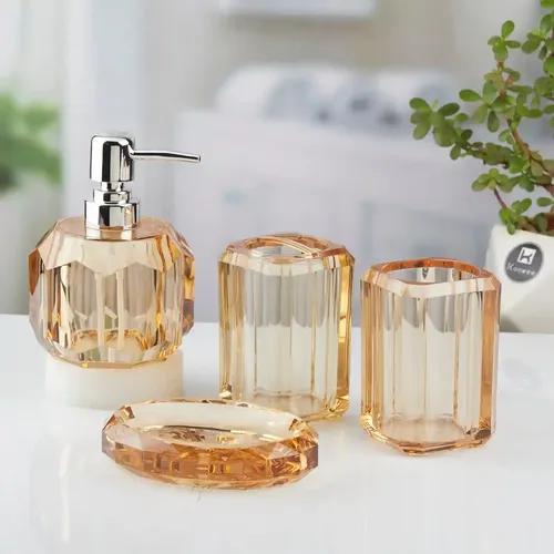 Kookee Acrylic Bathroom Accessories Set of 3, Modern Bath Set with Liquid hand wash Soap Dispenser and Toothbrush holder, Luxury Gift Accessory for Home, Transparent Brown (10720)