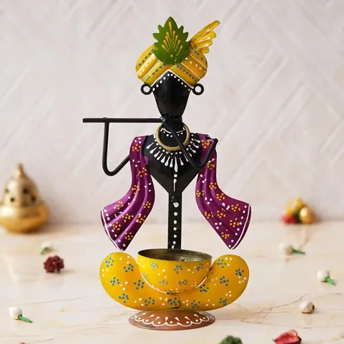 WEBELKART  Premium Handcrafted Multicolor Metal Krishna Tea Light Holder for Home & Office Decor and Diwali Gift Item (Multicolor-10.4" Inches)