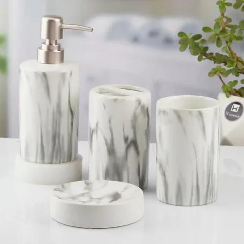 Kookee Ceramic Bathroom Accessories Set of 4, Modern Bath Set with Liquid hand wash Soap Dispenser and Toothbrush holder, Luxury Gift Accessory for Home, White (10424)