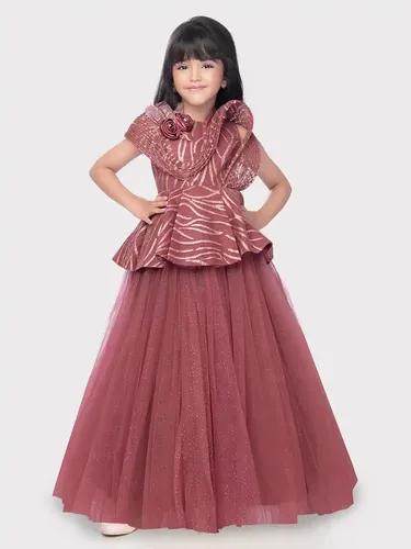 Betty Raspberry Colored Net Fabric Stitched Gown - 5-6 Yrs