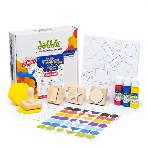 dabble My First Shape Explorer Stamp Kit | Educational and Learning Stamp Kit | Set of 4 Wooden Stamps | Wipeable Sheet and Washable Finger Paints | Art and Craft Activity/Gift for Kids / 2+ Years