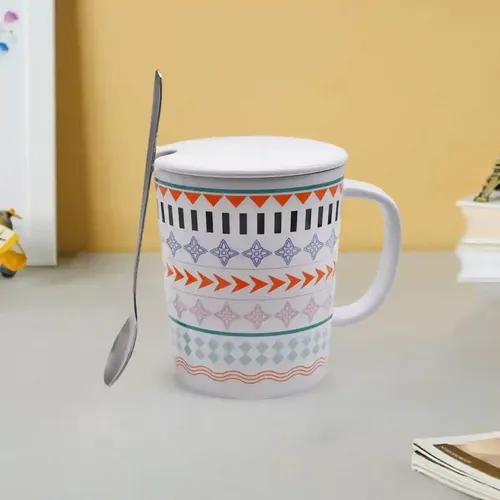 Kookee Fancy Ceramic Coffee or Tea Mug with Lid and Handle with Spoon for Office, Home or Gifting (8538)