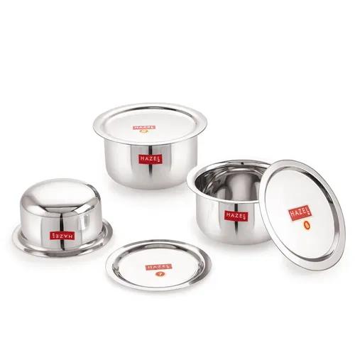 HAZEL Utensils Set for Kitchen | Steel Tope Set with Lid & Round Bottom, Set of 3, 300 ml, 500 ml & 800 ml | Boiling Vessels, Multipurpose Steel Bhagona