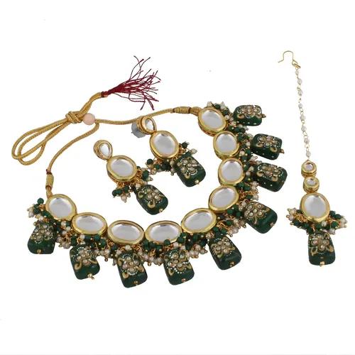 Gold Plated(18k) Meenakari Kundan Choker Necklace Set With Maang Tika - Dark Green