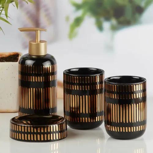 Kookee Ceramic Bathroom Accessories Set of 4, Modern Bath Set with Liquid handwash Soap Dispenser and Toothbrush holder, Luxury Gift Accessory for Home - Black (10071)