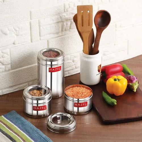 HAZEL Stainless Steel Kitchen Containers Set of 3 | Steel Airtight Top See Through Masala Box for Kitchen Storage with Airtight Lid