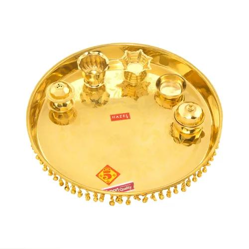 HAZEL Brass Puja Thali With Diya Prasad Vati And Sindur Vati, 28.7 cm, Golden