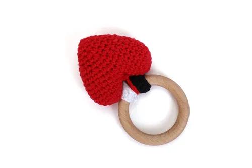 Crochet Wooden Heart Teether - Red