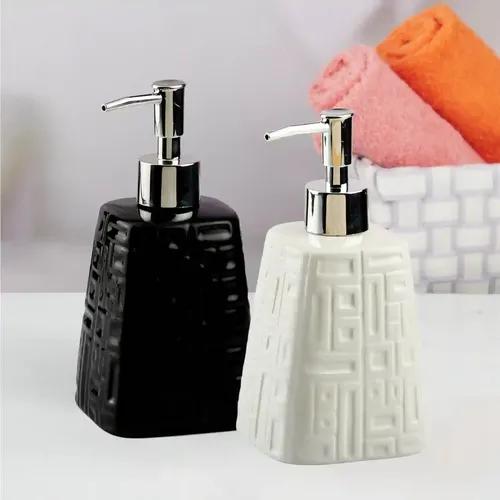 Kookee Ceramic Soap Dispenser for Bathroom hand wash, refillable pump bottle for Kitchen hand wash basin, Set of 2, Black/White (10554)