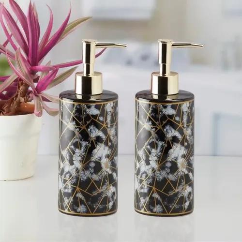 Kookee Ceramic Soap Dispenser for Bathroom hand wash, refillable pump bottle for Kitchen hand wash basin, Set of 2, Black/Gold (10933)