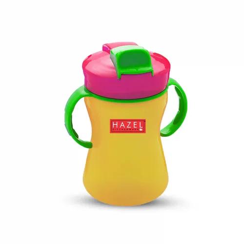 HAZEL Plastic Sipper Water Bottle with Smart Lock for Kids | Food Grade Plastic Bottle with Straw | Smart Bottle | Children Drink Bottle for Kids, 350 ML, Yellow