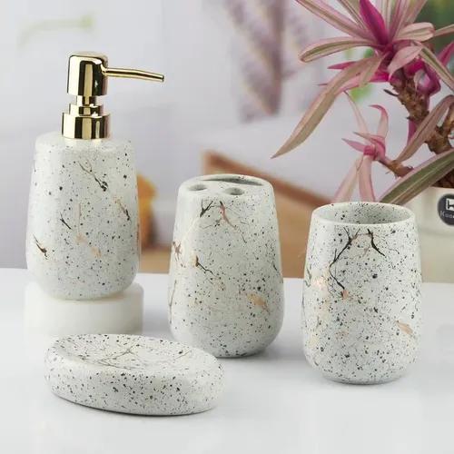 Kookee Ceramic Bathroom Accessories Set of 4, Modern Bath Set with Liquid hand wash Soap Dispenser and Toothbrush holder, Luxury Gift Accessory for Home, Light Grey (10429)