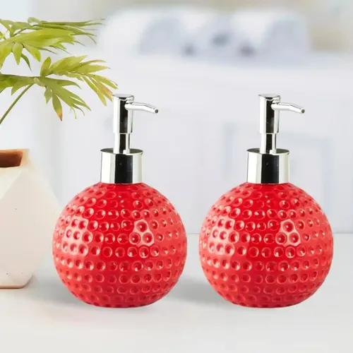 Kookee Ceramic Soap Dispenser for Bathroom hand wash, refillable pump bottle for Kitchen hand wash basin, Set of 2, Red (10812)