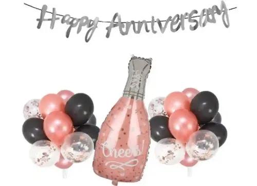 TrendzyKart Happy Anniversary Decoration Set Cheer Bottle And Foil Balloons (Rose Gold)