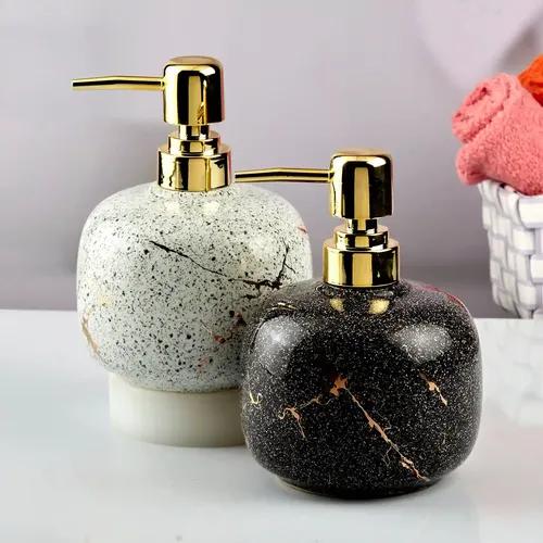 Kookee Ceramic Soap Dispenser for Bathroom hand wash, refillable pump bottle for Kitchen hand wash basin, Set of 2, Black/White (10568)