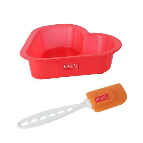 HAZEL Small Silicon Red Heart Shape Cake Mould for Half Kg with Orange Spatula