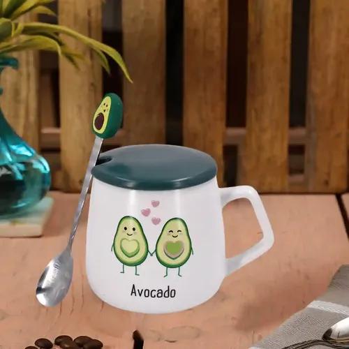 Kookee Fancy Ceramic Coffee or Tea Mug with Lid and Handle with Spoon for Office, Home or Gifting - 250ml (JM-0193-B)