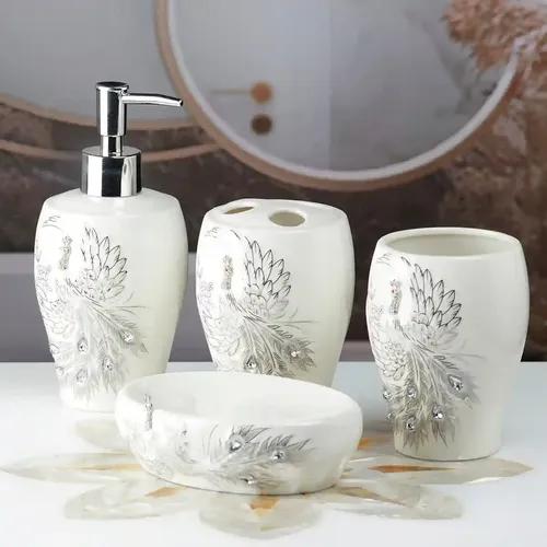 Kookee Ceramic Bathroom Accessories Set of 4, Modern Bath Set with Liquid handwash Soap Dispenser and Toothbrush holder, Luxury Gift Accessory for Home - White (10095)