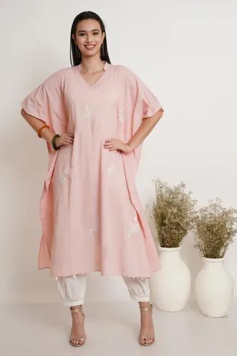 Rose Pink Applique Hand Embroidered Kaftan - X-Small