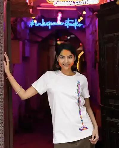 Color Cascade Women's Holi Tee | 100% Premium Bio Wash Cotton T-Shirts - S  (White)