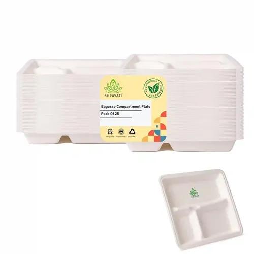 SHRAYATI Disposable Bagasse Plates - 50 Pcs Pack, Pack of 1, 3 Compartment, Rectangle Disposable Plates, Sugarcane Paper Plates, Disposable Plates for Parties, Use and Throw Plates, Eco-Friendly