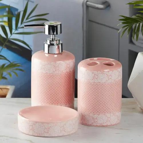 Kookee Ceramic Bathroom Accessories Set of 3, Modern Bath Set with Liquid handwash Soap Dispenser and Toothbrush holder, Luxury Gift Accessory for Home - Pink (5763)