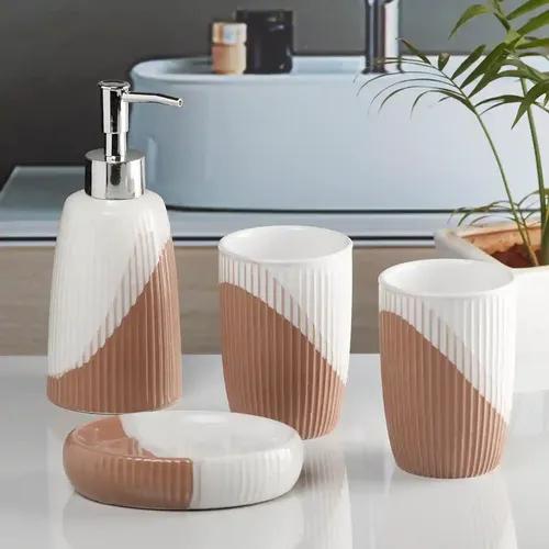 Kookee Ceramic Bathroom Accessories Set of 4, Modern Bath Set with Liquid handwash Soap Dispenser and Toothbrush holder, Luxury Gift Accessory for Home - Brown (10100)