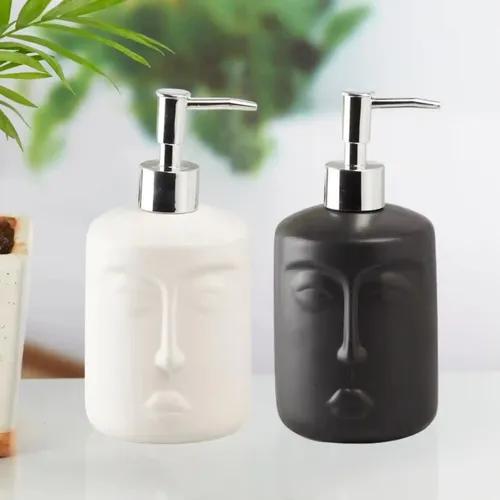 Kookee Ceramic Soap Dispenser for Bathroom hand wash, refillable pump bottle for Kitchen hand wash basin, Set of 2, White/Black (10932)