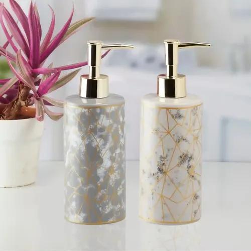 Kookee Ceramic Soap Dispenser for Bathroom hand wash, refillable pump bottle for Kitchen hand wash basin, Set of 2, Grey (10530)