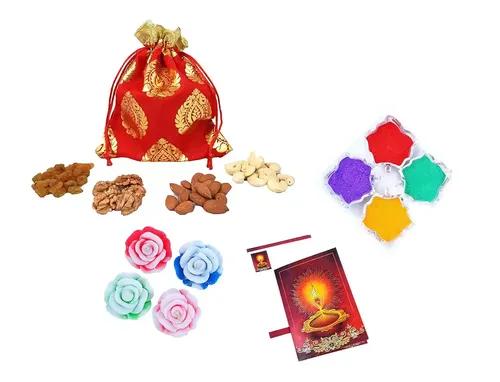 MANTOUSS Diwali Dry Fruit Red Exclusive Potli-Cashew,Almond,Walnut and Raisin (50gms Each) 200gms +2 Floating Diya, Diwali Greeting Card and Rangoli Colours