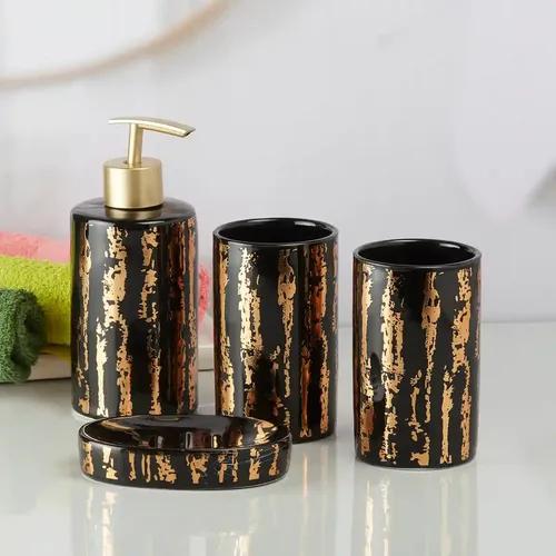 Kookee Ceramic Bathroom Accessories Set of 4, Modern Bath Set with Liquid handwash Soap Dispenser and Toothbrush holder, Luxury Gift Accessory for Home - Black (10083)