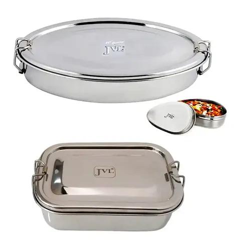 Jvl Stainless Steel Rectangular Not Leak Proof Lunch Box With Inner Plate & Small Oval Lunch Box With Mini Container- Set Of 3