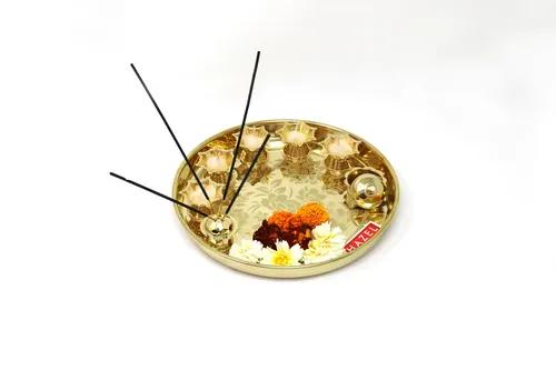 HAZEL Brass Diya Thali Set (28 x 28 x 3 cm, Brown)