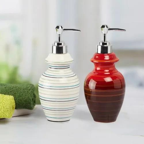 Kookee Ceramic Soap Dispenser for Bathroom hand wash, refillable pump bottle for Kitchen hand wash basin, Set of 2, White/Red (10941)