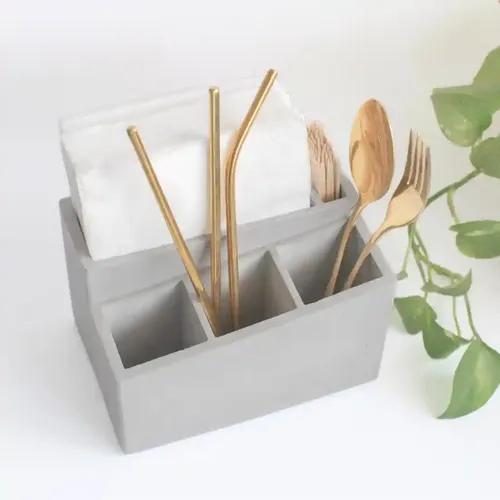 Tissue/Napkin Holder With Storage For Cutlery Holder For Kitchen/Dining Table | Spoon, Toothbrush Holder | Tissue Box And Tissue Paper Holder Made Of Concrete (Grey)