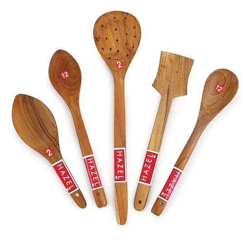 HAZEL Wooden Kitchen Tools Spoon Set of 5 (Serving Jhara, Rice Spoon, Taveta, Oval Spatula Small, Pan Spatula Small)