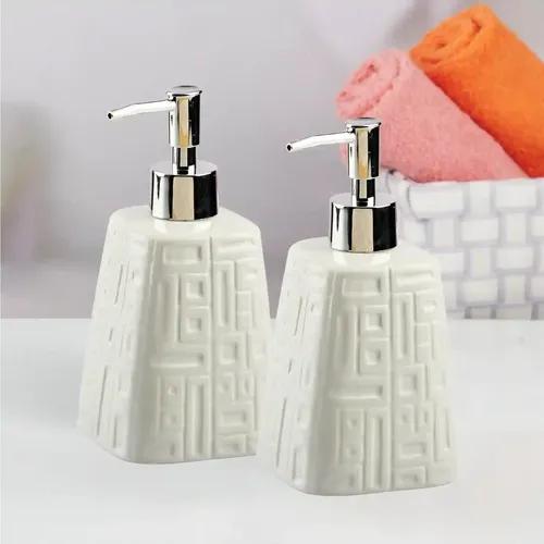 Kookee Ceramic Soap Dispenser for Bathroom hand wash, refillable pump bottle for Kitchen hand wash basin, Set of 2, White (10991)