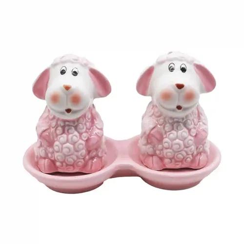 Kookee Ceramic Salt and Pepper Shakers Set with tray for Dining Table used as Namak Dhani, Shaker, Sprinkler, Spices Dispenser for Home, Kitchen and Restaurant, Sheep Design, Pink (8561)