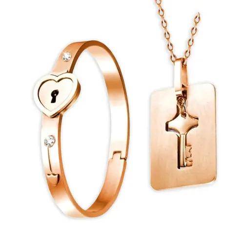 JEWELOPIA Couples Bracelet Pendant Combo Jewellery Lock Key Set Platinum Plated Heart Lock Bracelet & Key Pendant Pack For Boy & Girls - Best Gift For Friendship Day (Rose Gold)