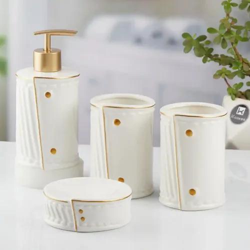 Kookee Ceramic Bathroom Accessories Set of 4, Modern Bath Set with Liquid hand wash Soap Dispenser and Toothbrush holder, Luxury Gift Accessory for Home, White (10373)