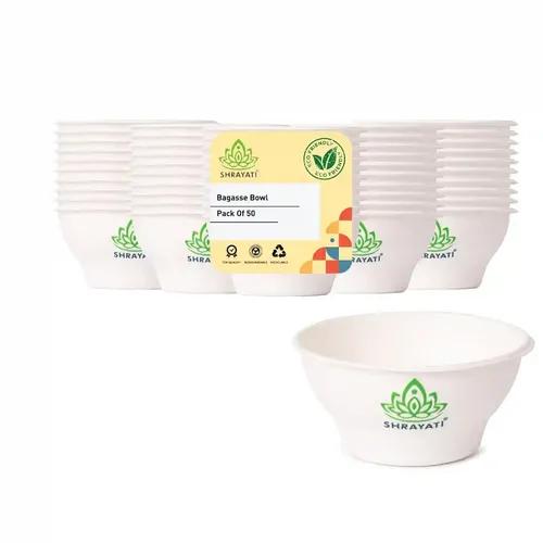 SHRAYATI Disposable Bagasse Round Bowls, 4 inch, 150 ml, Pack of 3, 50 pcs Pack, Biodegradable Bagasse Bowl, Sugarcane Paper Bowls Disposable for Convenient and Sustainable Eating